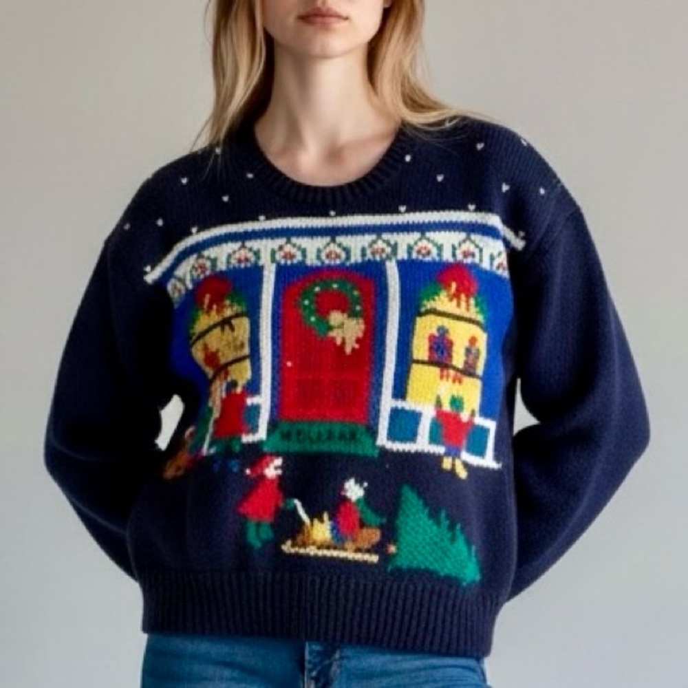 Robert Scott Vintage Christmas Sweater Holiday Scene